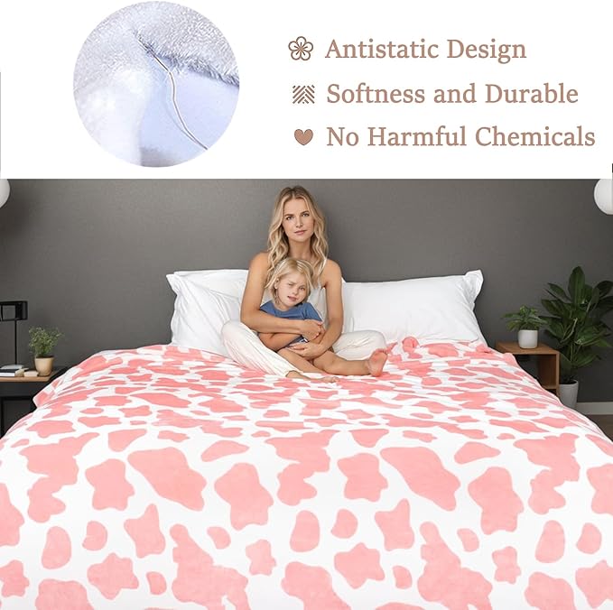Fleece Cow Print Blanket King Size for All Season - Premium Lightweight Anti-Static Super Soft Cozy Plush Cow Blankets for King/Calking Bed,90" x 108"(Pink Cow)