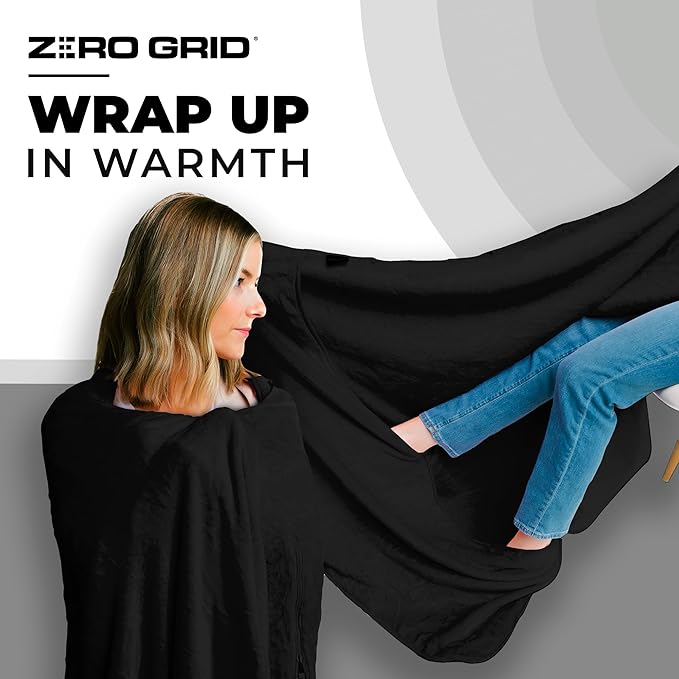 Zero Grid Lightweight Travel Blanket – Premium Compact Wearable Airplane Blanket with Neck Snaps, Cozy Foot Pockets, Zipper Pouch, converts to Soft Pillow for Ultimate Comfort - Black