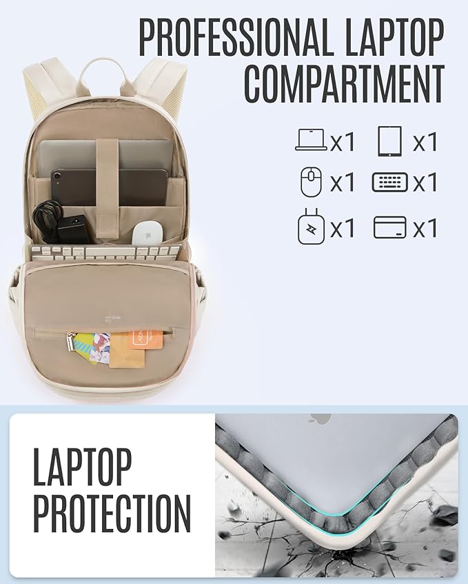LIGHT FLIGHT Travel Laptop Backpack for Women, 15.6 Inch Backpack with USB Charging Hole, Water Resistant College Bookbag, Large Capacity Black Computer Backpacks for Work, Warm Beige