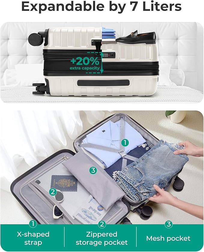 BAGSMART Carry On Luggage 22x14x9 Airline Approved with Spinner Wheels,Lightweight 20 Inch Luggage with TSA Lock,Expandable Hard Shell Carry On Suitcases for Men Women,White