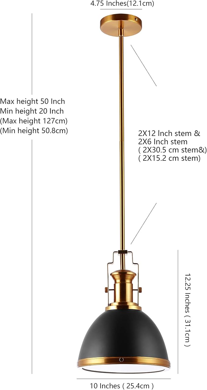 JONATHAN Y Homer Industrial Dome Pendant 10", Black/Brass Gold | 1-Light, Farmhouse Style, Adjustable Hanging Height, Glass Diffuser, Sloped Ceiling Compatible, Metal, LED Bulb Included