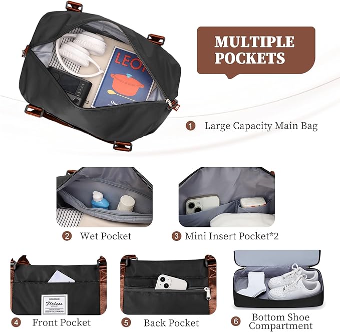 Weekender Bags for Women,Travel Duffle Overnight Bag with Shoe Compartment,Personal Item Carry On Bag,Black & Brown,Large,3 Pcs Set