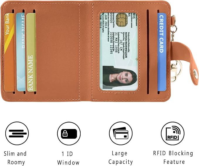 Airkit Small Wallets Woman RFID Blocking Leather Credit Card Holder - with ID Window - Card Wallets for Women - with Zipper Coin Purse - Keychain Wallet