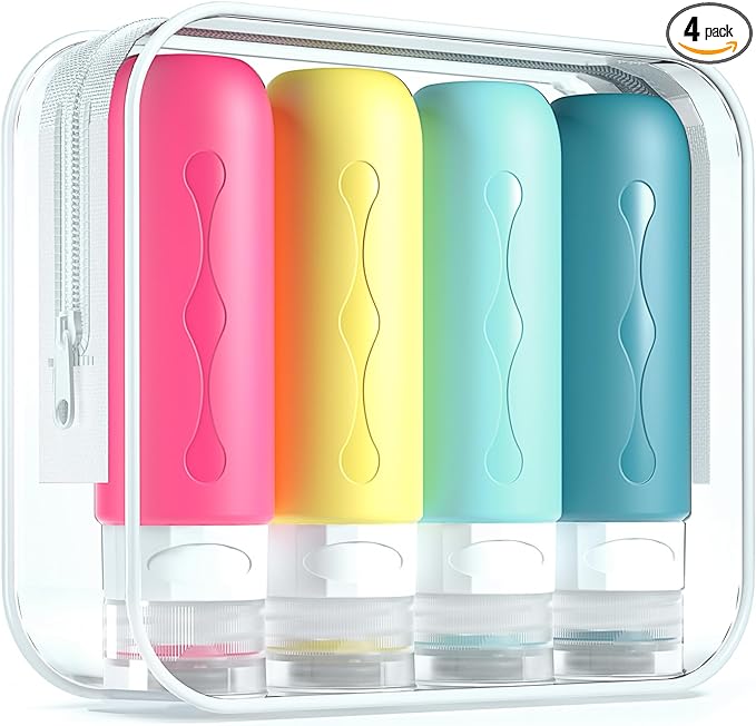 Gemice Travel Bottles for Toiletries, Tsa Approved Travel 3oz Size Containers with Clear Bag, BPA Free Leak Proof Travel Tubs Refillable Liquid Travel Accessories for Cometic Shampoo Lotion (4 Pack)