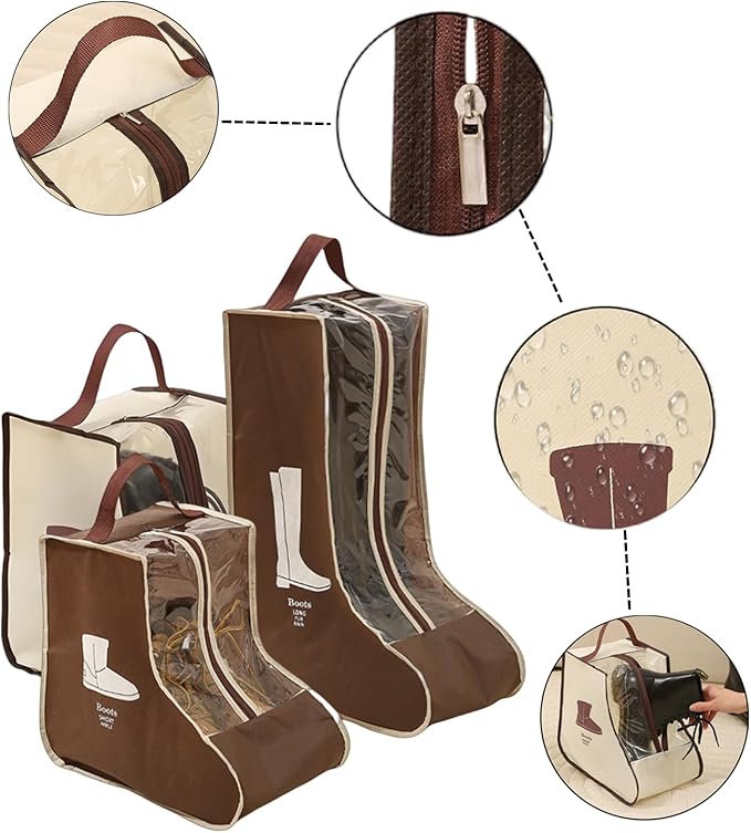 2 Set Boot Storage,Portable Short Boots and Tall Boots Storage or Protector Bag,Shoe Dust Bags,Shoe Sleeves for Travel,Clear Boots Cover,Shoes Packing Organizers for Adult Sneakers (Brown-Short)