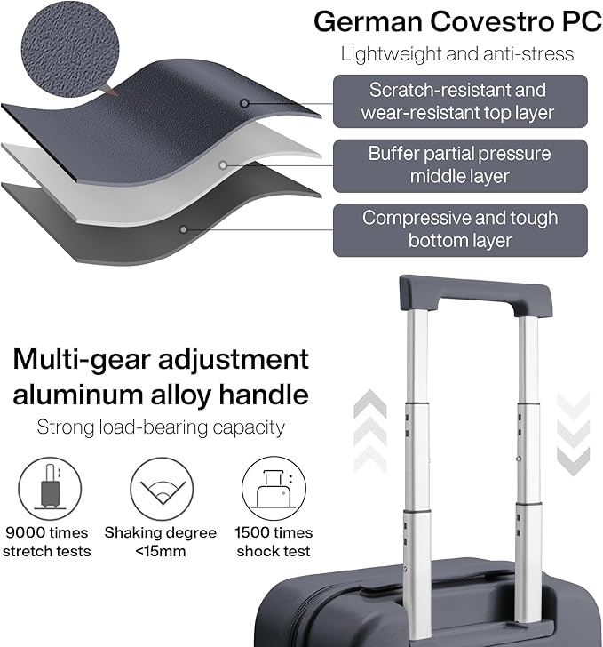 mixi 14 Inch Underseat Luggage Carry on Suitcase Free Boarding Personal Item Suitcases with Spinner Wheels Hardshell Lightweight PC for Short Travel, Rock Gray