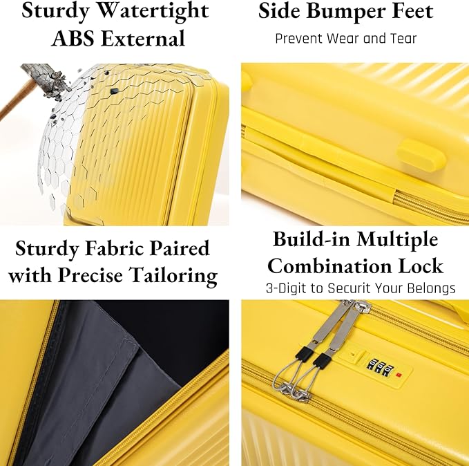 2 Pcs ABS Spinner Luggage Set - 14" Cosmetic Case & 20" Carry-On with Combination Lock, Front Opening Design, Yellow