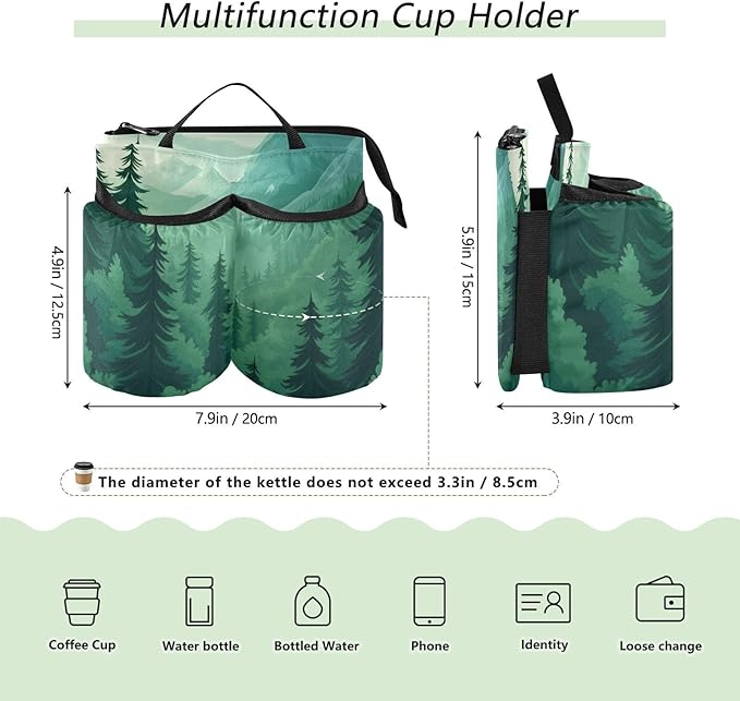 Mountain Forest Trees Green 02 Luggage Cup Holder Travel Portable Free Hand Drink Carrier Suitcase Drinks Beverage Holder Carry-On Bottle Mug Holder Organizer Bag Travelers Accessories
