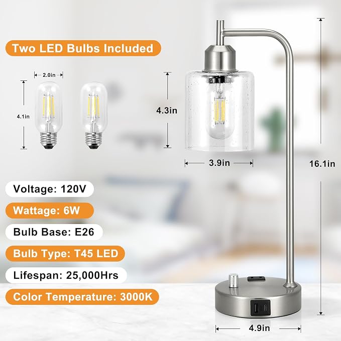 Industrial Table Lamps for Bedrooms Set of 2 - Fully Dimmable Bedside Lamps with USB A and C Ports and Outlet, Nickel Nightstand Lamps with Glass Shade for Living Room, Desk Lamps for Office Reading