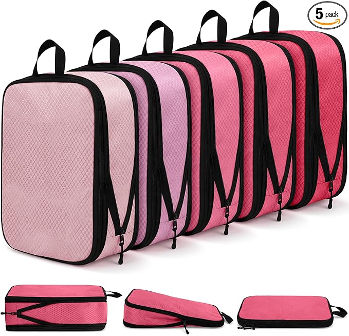 5 Pack Compression Packing Cubes for Travel Space Saving Cubes Luggage Organizer for Suitcase(Pink,S)