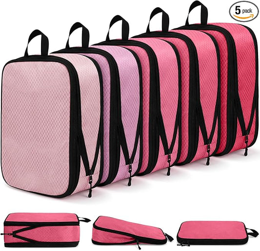 5 Pack Compression Packing Cubes for Travel Space Saving Cubes Luggage Organizer for Suitcase(Pink,M)