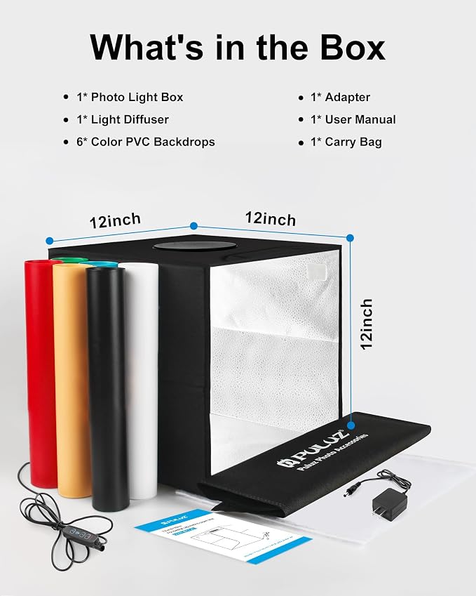 PULUZ Light Box Photography, 12"x12" Professional Dimmable Shooting Tent Kit with CRI >95 White Lighting 120 LEDs Lights + 6 Photo Backdrops for Product Display