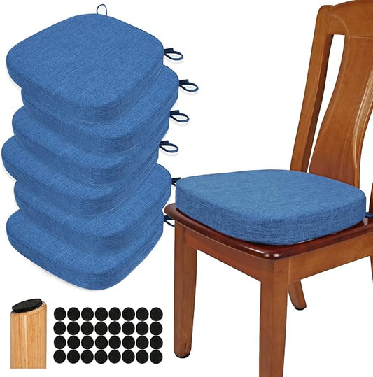 BUYUE Thickened 2.5" Dining Chair Cushions Set of 6, U-Shape High Density Foam Comfortable Chair Pads for Kitchen, Slip Resistant Indoor Seat Cushions (6 PCS, Dark Blue)
