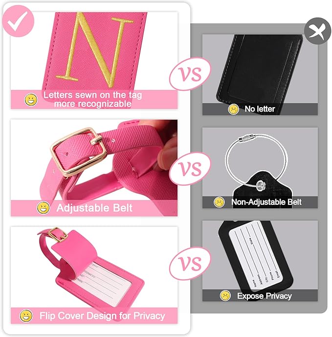 Initial Letter Luggage Tags for Suitcases, Personalized Embroidered Letter Luggage Bag Suitcase Identifier Name Tag, Cute PU Leather Travel Luggage Tags, Bag Tags for Luggage Handbags(Rosered N)