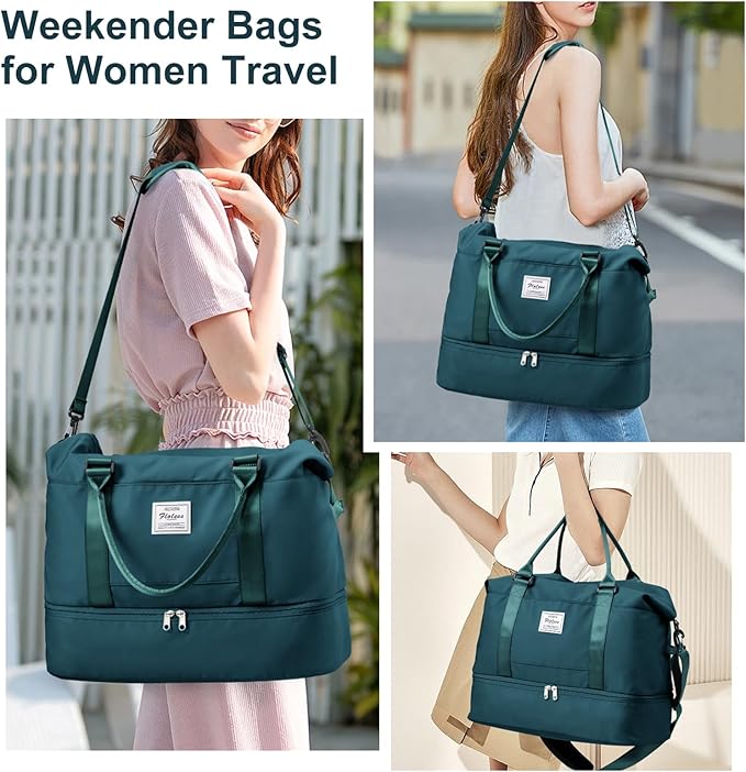 Weekender Bags for Women, Travel Duffel Bags with Shoe Compartment,Personal Item Travel Bag for Airlines, Carry on Overnight Tote Bag for Women with Toiletry Bag, Peacock Blue