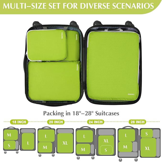 Gonex Compression Packing Cubes, 4pcs Expandable Storage Travel Luggage Bags Organizers (Green)