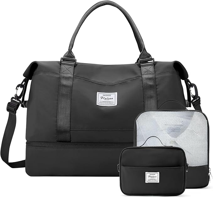 Weekender Bags for Women,Travel Duffle Overnight Bag with Shoe Compartment,Personal Item Carry On Bag,3 Pcs Set,Medium(Black)
