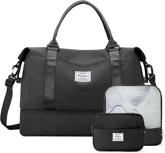 Weekender Bags for Women,Travel Duffle Overnight Bag with Shoe Compartment,Personal Item Carry On Bag,3 Pcs Set,Medium(Black)