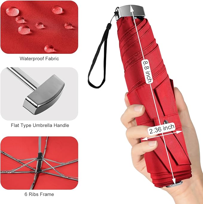 Lejorain Travel Mini Umbrella for Purse - Black Compact Durable Cool Teflon Light Weight Flat Backpacking Umbrella Portable Paraguas