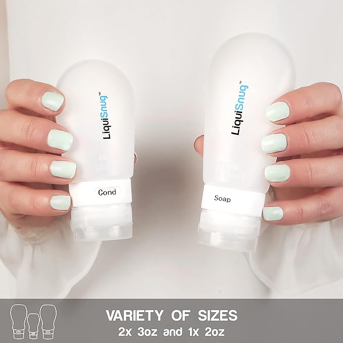 LiquiSnugs Premium - 100% Guaranteed Leak Proof Silicone Travel Bottles For Toiletries - TSA Approved Container. Premium Range Travel Shampoo Bottles with Suction Cups and Adjustable Labels