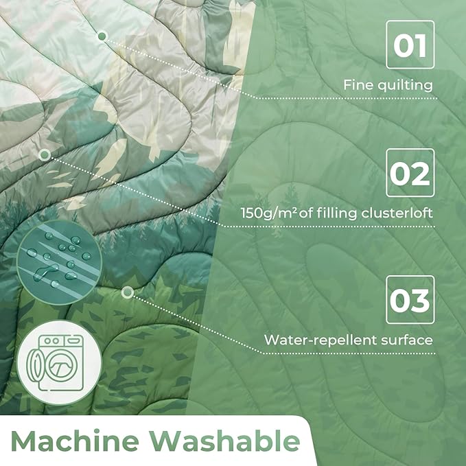 KingCamp Ultralight Camping Blanket, Packable Down Alternative Puffy Printed Wearable Blanket with Snap Buttons & Corner Loops Weatherproof Quilt for Outdoor Travel Stadium (78.7"L x 57.1"W, GREEN)