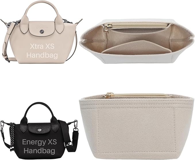 Premium Felt Purse Organizer Insert for Longchamp Le Pliage Energy/Xtra -XS, Zipper Long Champ Bag Organizer Insert with 4 Compartments