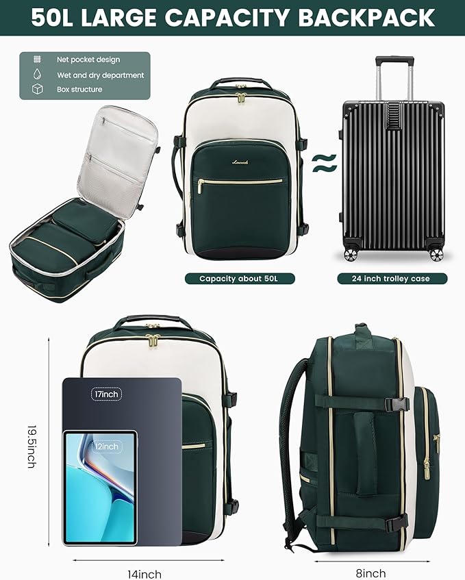 LOVEVOOK 50L Large Travel Backpack for Women, Carry on Backpack Airline Approved, Waterproof Travel Essentials fits 18" Laptop, TSA Personal Item Travels Bag Sports Backpack with 3 Packing Cubes