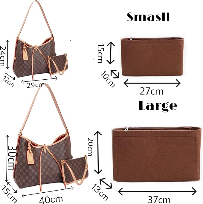 Felt Purse Organizer with Zipped, Bag Organiser Insert for Women,Perfect for carrycall Neverfull Tote (Coffee, large)