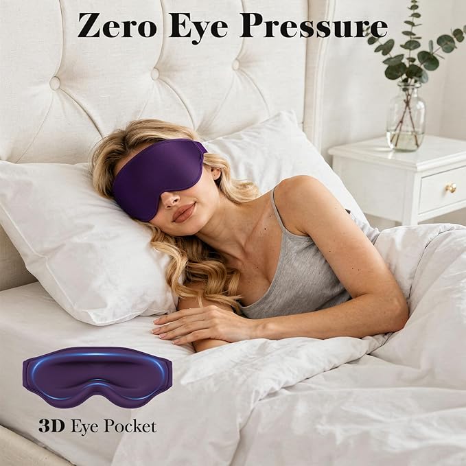 3D Eye Mask Sleep Mask for Men & Women, 100% Pressure-Free & Light Block-Out Eye Mask for Sleep with Easy Adjustable Strap, Night Eye Cover for Travel, Purple