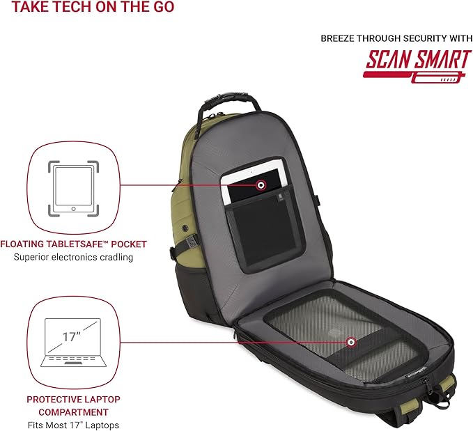SWISSGEAR 1900 ScanSmart TSA Laptop Backpack Fits 17 Inch Laptop with RFID Protection and Tablet Pocket, Olive Branch, 19-Inch