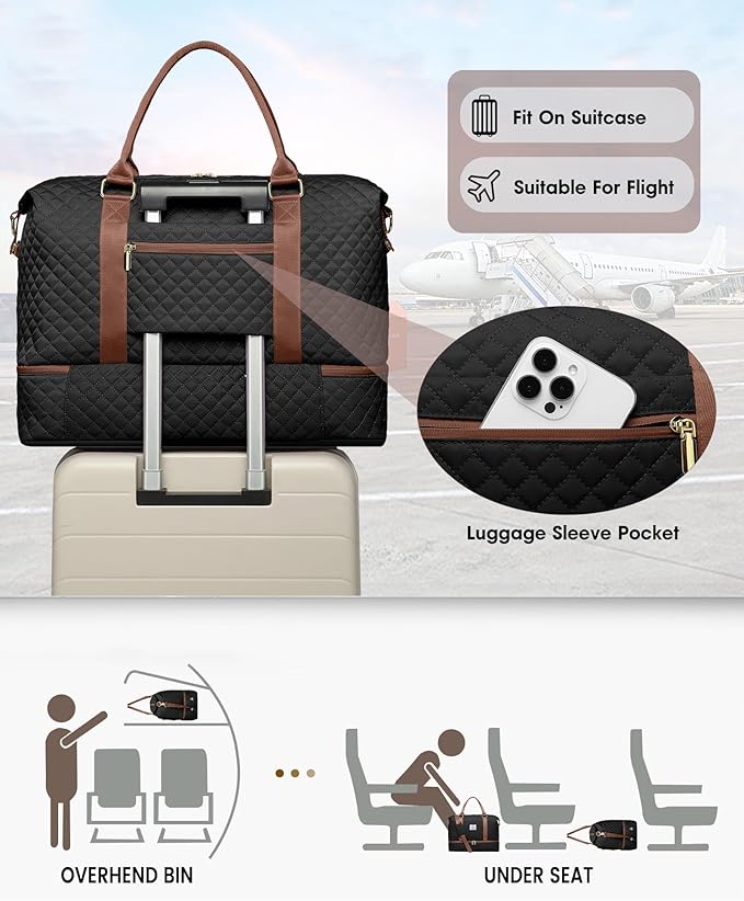 Travel Weekender Bags for Women Duffle - Carry on Overnight Bag with Shoe Compartment & Toiletry Gym Duffel Bags with Wet Pocket Hospital for Labor and Delivery Black Brown