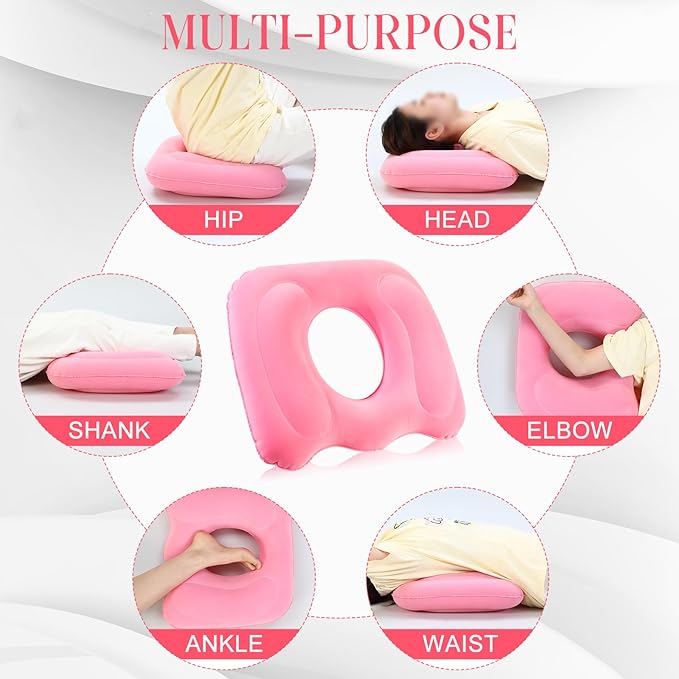 Leinuosen 1 Pcs Inflatable Seat Cushion 18.1'' x 15.7'' x 4.7'' Portable Lift Donut Pillow Height Adjustable Hemorrhoid Pillow for Tailbone Back Pain Bed Sore Home Car Chair Wheelchair Sitting (Pink)