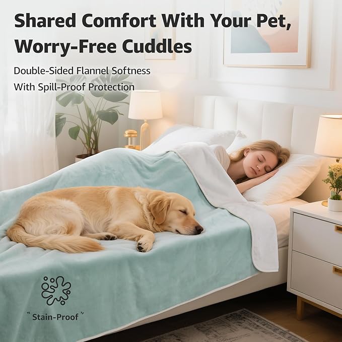 LOOBANI Waterproof Blanket for Bed: Reversible Soft Flannel Queen Bed Blanket 80" x 90", Waterproof Dog Blankets for Large Dogs, Spill-Proof Cover for Furniture Protection, Movie Time, Green