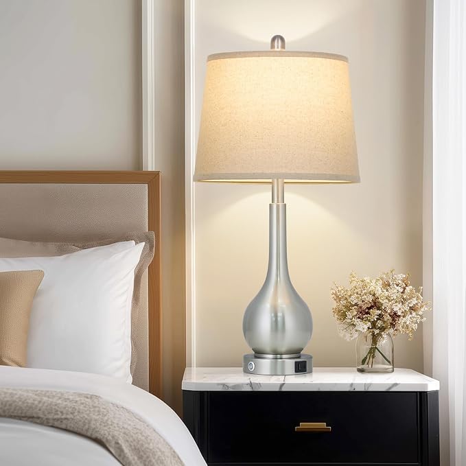 26" Silver Metal Table Lamps Set of 2 for Bedrooms, Touch Control Bedside Lamps for Nightstand with Charging Port, 3-Way Dimmable End Table Lamp for Living Room (2 LED Bulbs Included)