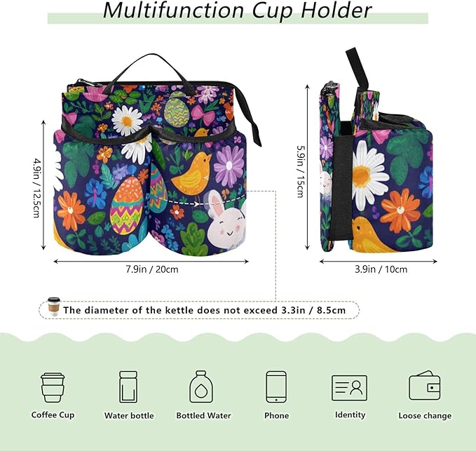 Easter Daisy Rabbit Birds Eggs Luggage Cup Holder Travel Portable Free Hand Drink Carrier Suitcase Drinks Beverage Holder Carry-On Bottle Mug Holder Organizer Bag Travelers Accessories