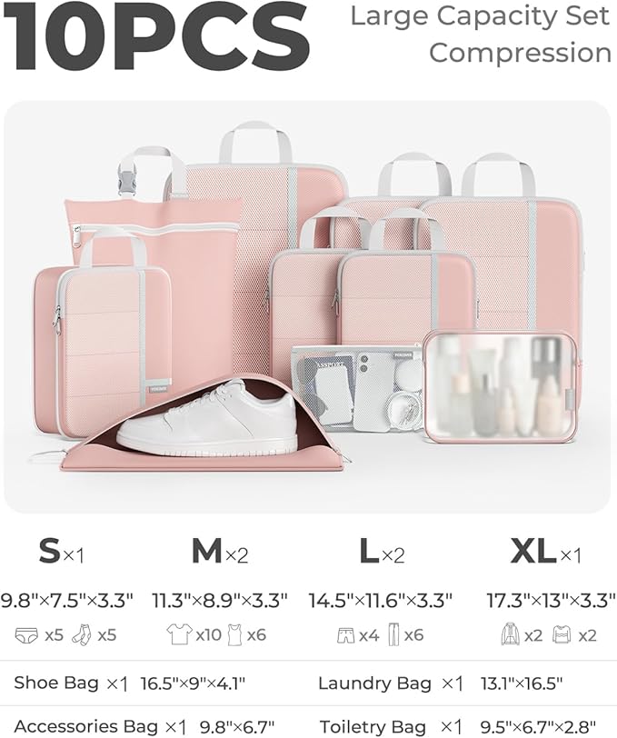 Percover Compression Packing Cubes 10-Piece Set, Packing Cubes Compression for Travel with Toiletry Bag, Laundry Bag & Shoe Bag, All-in-One Travel Organizer for Carry On & Checked Luggage, Pink