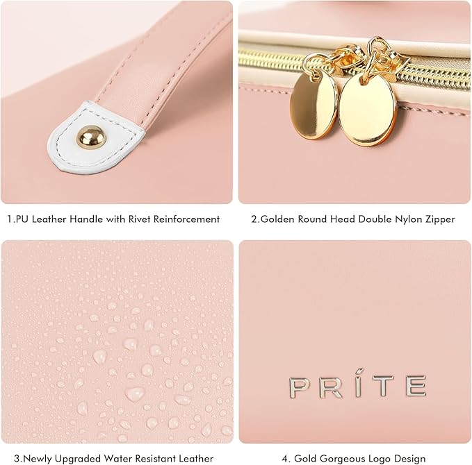 Prite Makeup Bag for Women Travel Waterproof Vegan Leather Cosmetic Bag Open Flat Toiletry Bag With Clear Divider and Handle (Large Pink Pro)