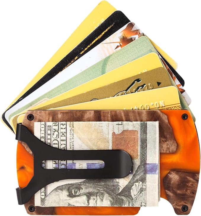 Wallet for Men, Minimalist Slim RFID Blocking Resin Wood Credit Card Holder with Money Clip, Easily Removable Cash&Card Metal Wallet,Resin River,Natuarl Walnut Wood,Unique Pattern,Gift for Men