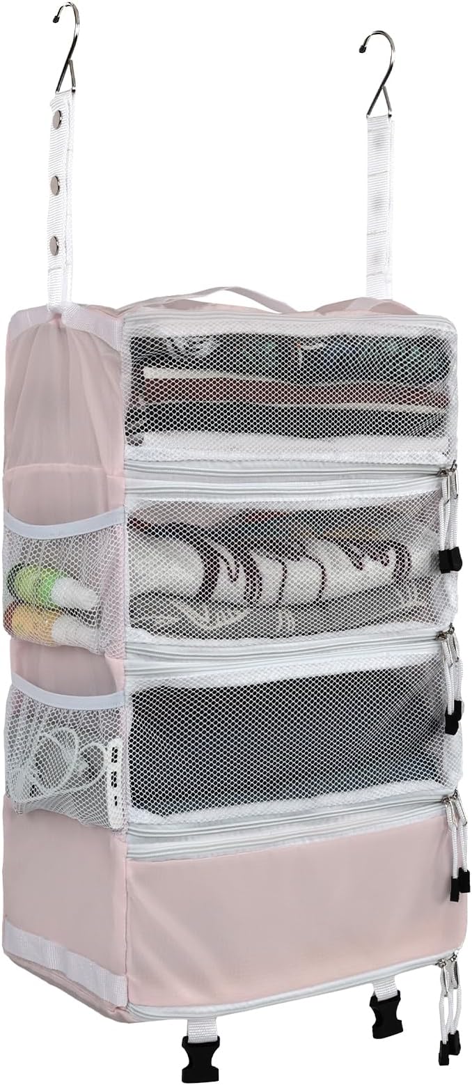 Surblue Travel Hanging Luggage Organizer Portable Suitcase Closet Organizer Multiple Compartments Collapsible Compression Packing Cubes Shelf, Pink, M