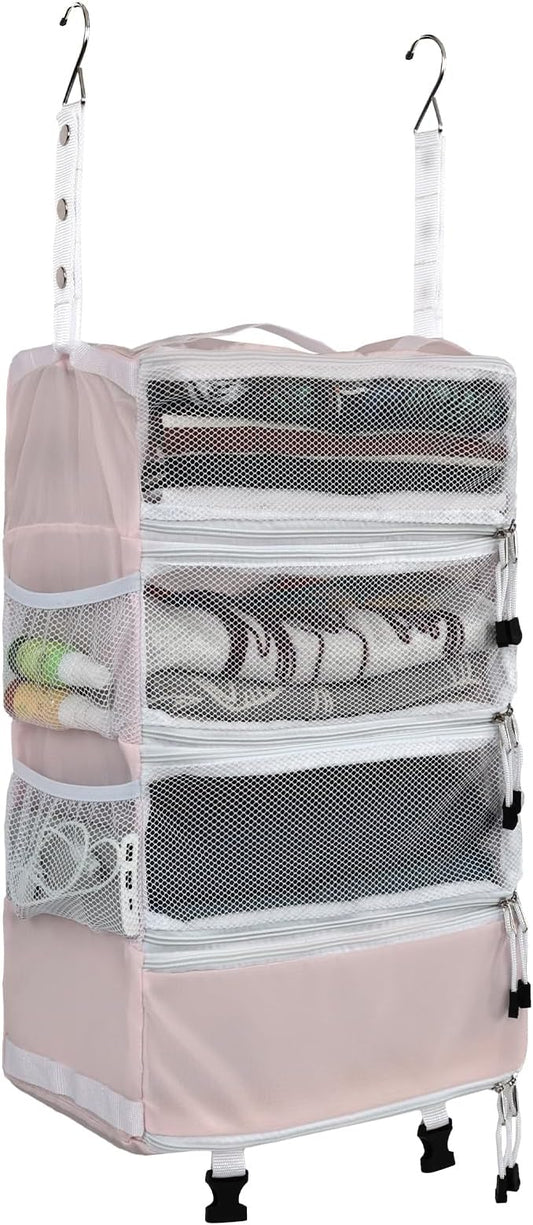 Surblue Travel Hanging Luggage Organizer Portable Suitcase Closet Organizer Multiple Compartments Collapsible Compression Packing Cubes Shelf, Pink, M