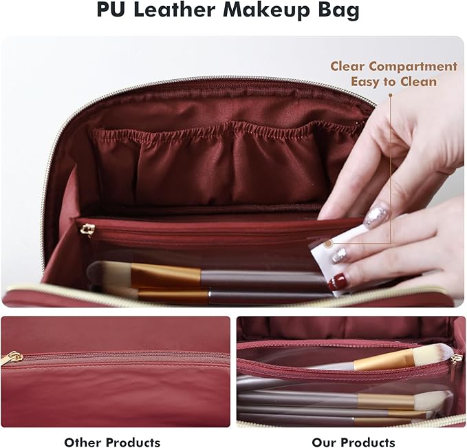 Prite Makeup Bag for Women Travel Waterproof Vegan Leather Cosmetic Bag Open Flat Toiletry Bag With Clear Divider and Handle (Dark Red)