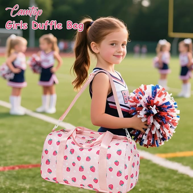 CAMTOP Kids Duffel Overnight Bag Boys Girls Toddler Weekender Carry-On Personalized Tote for Travel Gym Sport (Pink Strawberry)