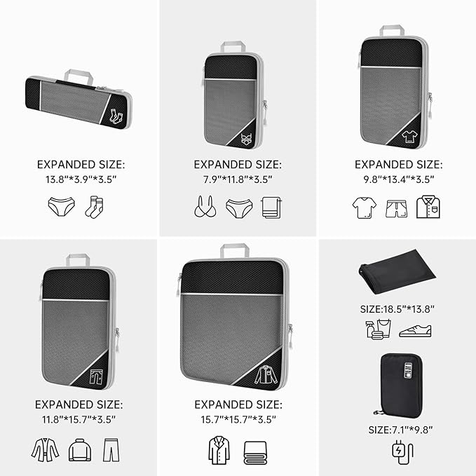 NiHome 7PCS Compression Packing Cube Set Expandable Mesh Travel Bag Luggage Organizers with Electronic Cable Cord Charger Organizer Drawstring Bag for Trip Home Storage Travel Gear Accessories (Black)
