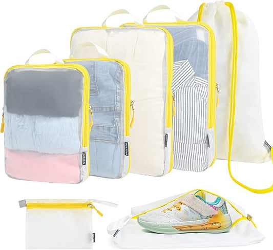 Lightweight Compression Packing Cubes for Suitcases, Compressible Expandable Travel Packing Organizer with Clear Toiletries and Backpack Bag, Travel Essentials for Carry on Luggage 7 Set