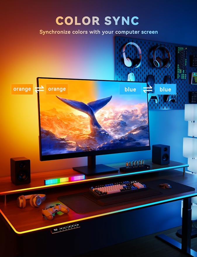 Soleil X6 LED Monitor Backlight for PC & Mac, Strip Light Sync to 24″-34″ Screens, Ambient Lighting for Games/Movies/Music, Dual USB Ports, Software Control (4-Sides for 27″ Monitors)