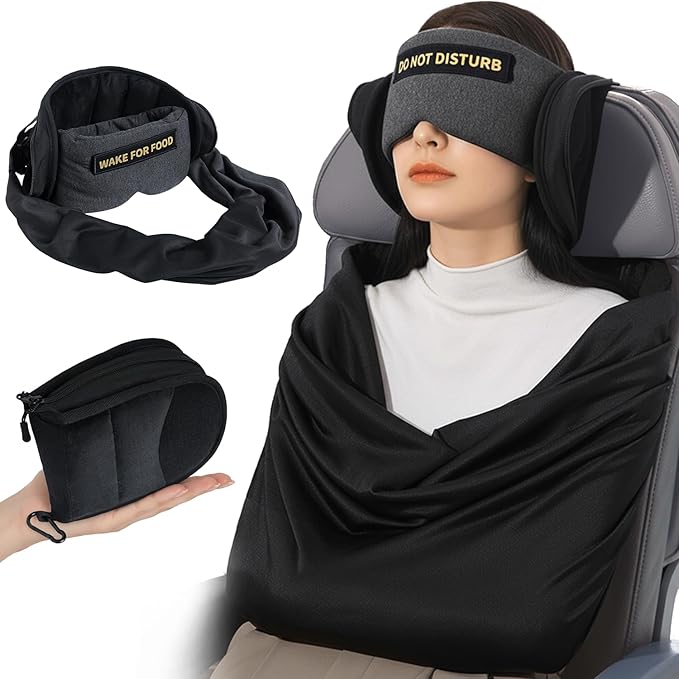 Travel Pillow and Blanket Set, Compact Airplane Pillow Bag with Eye Mask for Long Flights Sleeping, 360° Support Head Strap Travel Essentials for Plane Car Sleep Neck Upright, Stop Bobblehead (Grey)