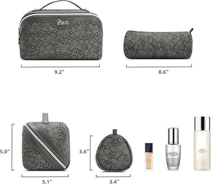 BOYATU Travel Makeup Bag Cosmetic Bags for Women: Large Capacity 3 Pcs Set Make up Bag with Compartments - Waterproof Vegan Leather Toiletry Organizer Bags with Handle (Z-62Grey)