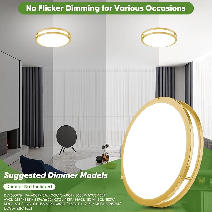 13 Inch LED Flush Mount Ceiling Light, Gold Kitchen Light Fixture with 2700K/3000K/4000K/5000K/6500K 5 Color Adjusted, Dimmable Modern Round LED Light for Bedroom Bathroom Living Room Laundry, 1-Pack