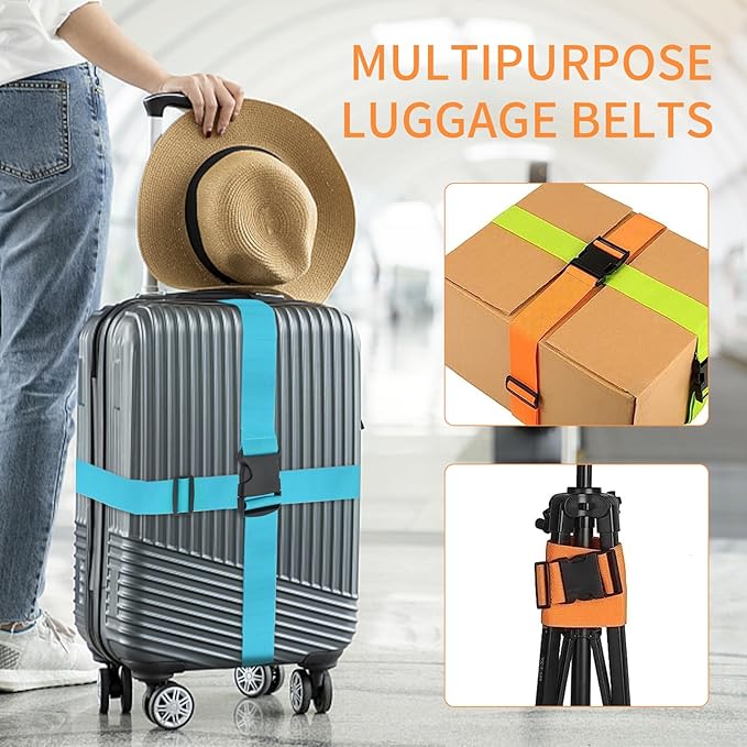 BILIONE 8 Pcs Luggage Straps, 79" Long Belts Keep Suitcase Secure While Traveling, TSA Approved Add a Bag Premium Accessory for Travel Bag Closure (4Pcs Black + 4Pcs Blue)