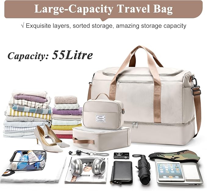 Extra Large Travel Duffle Bag,Carry on Overnight Weekend Bag with Shoes Compartment,Weekender Bags for Women for Travel Business Trips Sport Hospital,3 Pcs Set,Beige & Brown